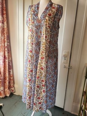 World Market 100% Cotton Maxi Dress Kaftan Coverup Boho Blue/Pink Print